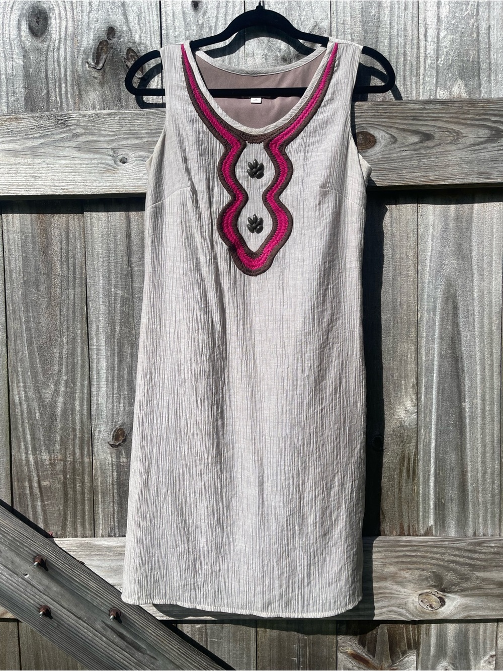 Merona Cream Midi Dress with Pink and Brown Embroidered Neckline